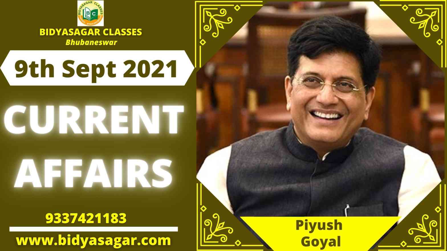 Important Daily Current Affairs of 9th September 2021